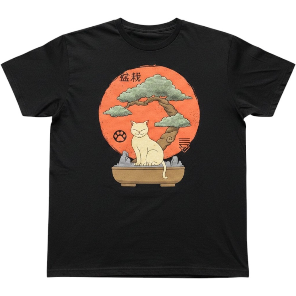 Japanese Bonsai Cat Tee Anime Aesthetic Black Graphic Shirt Large